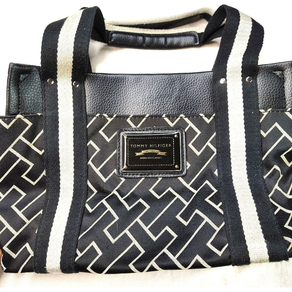 Tommy Hilfiger Y2K Black Logo Tote Bag Canvas Faux Leather American Classics - Picture 2 of 16